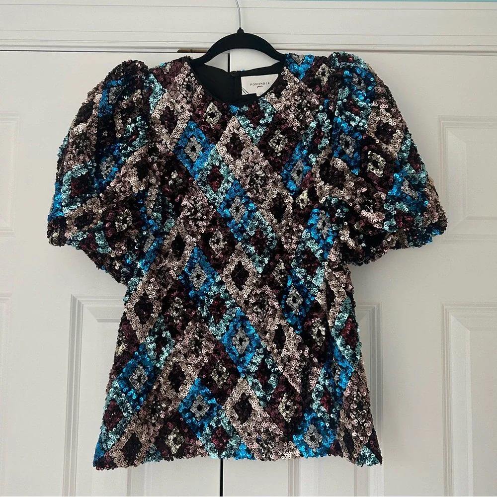 Pomander Place Pomander Place Multi Sequin Jada Blouse Puff‎ Sleeve size M